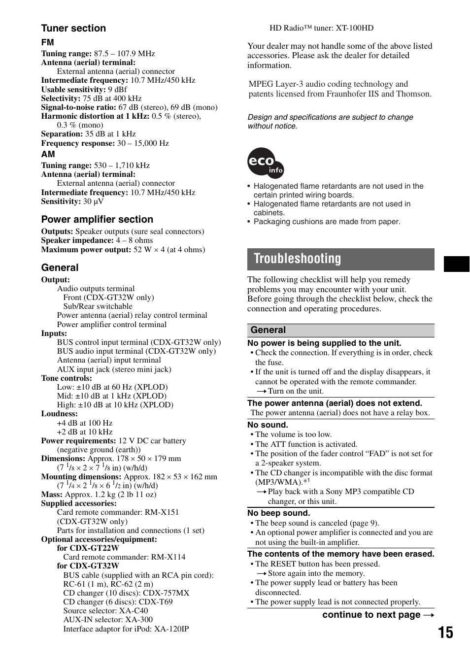 Troubleshooting, General | Sony CDX-GT22W User Manual | Page 15 / 36