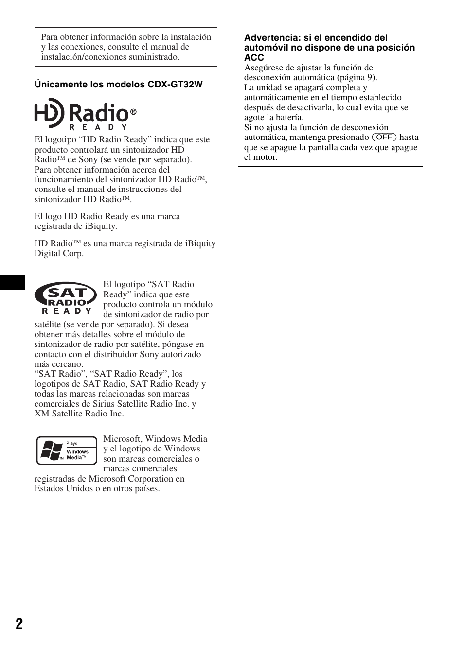 Advertencia | Sony CDX-GT22W User Manual | Page 18 / 36