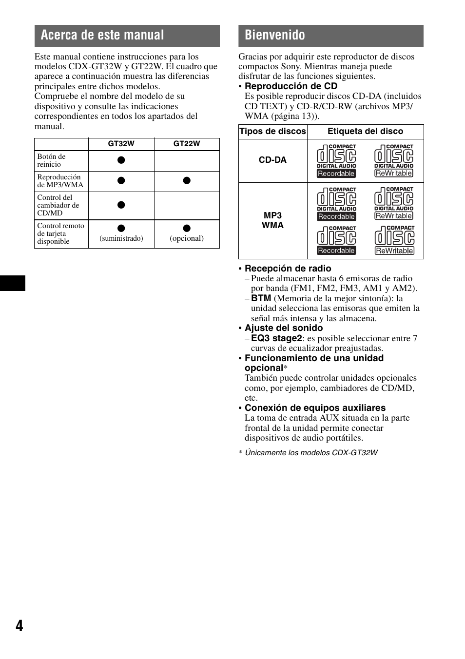 Acerca de este manual, Bienvenido, Acerca de este manual bienvenido | Sony CDX-GT22W User Manual | Page 20 / 36