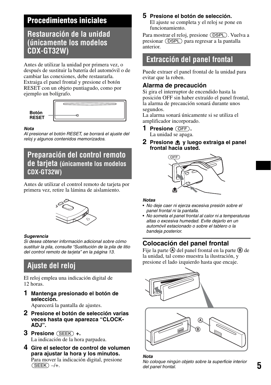 Procedimientos iniciales, Ajuste del reloj, Extracción del panel frontal | Colocación del panel frontal, Preparación del control remoto de tarjeta | Sony CDX-GT22W User Manual | Page 21 / 36