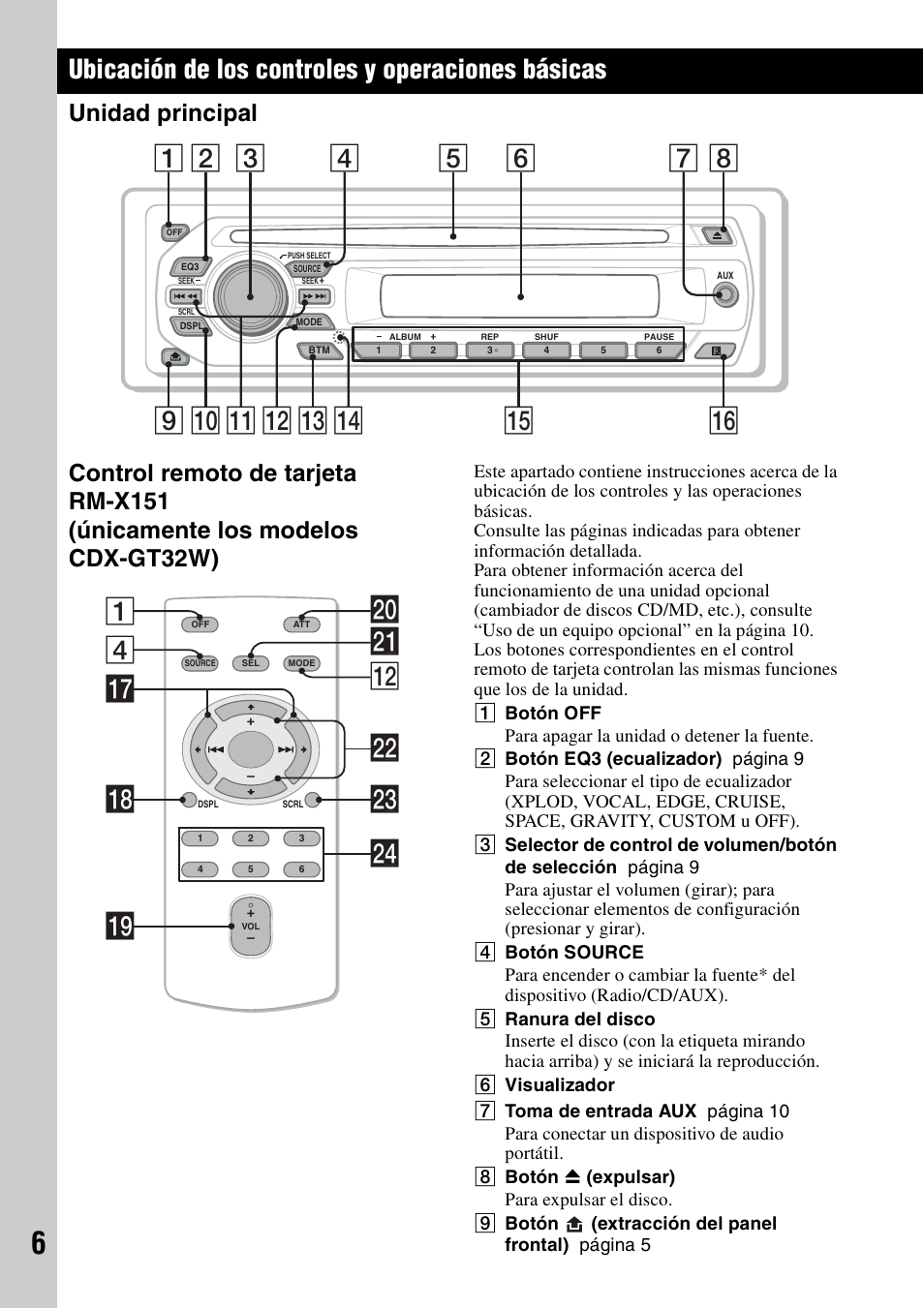 Ubicación de los controles y operaciones básicas, Unidad principal, 4wa qs 1 wd qj qk w; ql wf ws | Sony CDX-GT22W User Manual | Page 22 / 36