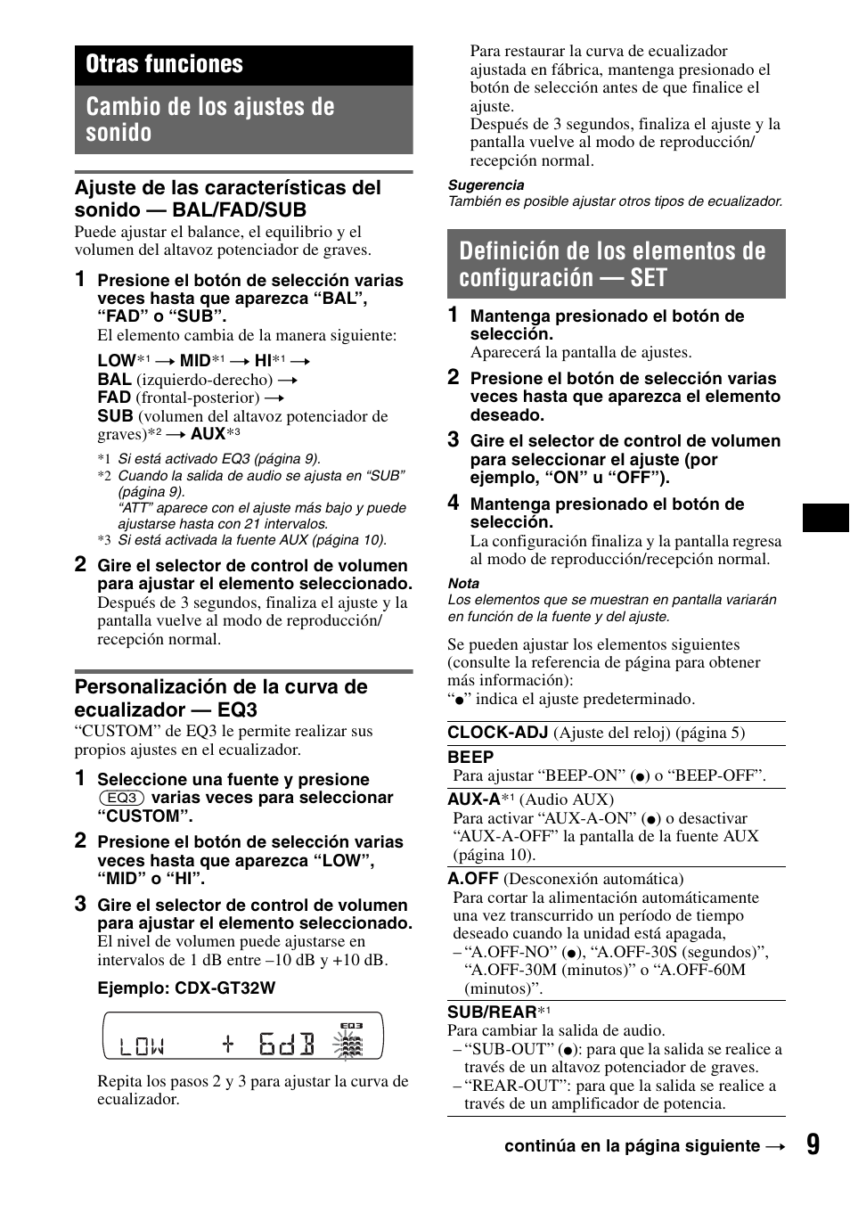 Otras funciones, Cambio de los ajustes de sonido, Personalización de la curva de ecualizador - eq3 | Definición de los elementos de configuración - set, Definición de los elementos de configuración — set, Otras funciones cambio de los ajustes de sonido | Sony CDX-GT22W User Manual | Page 25 / 36