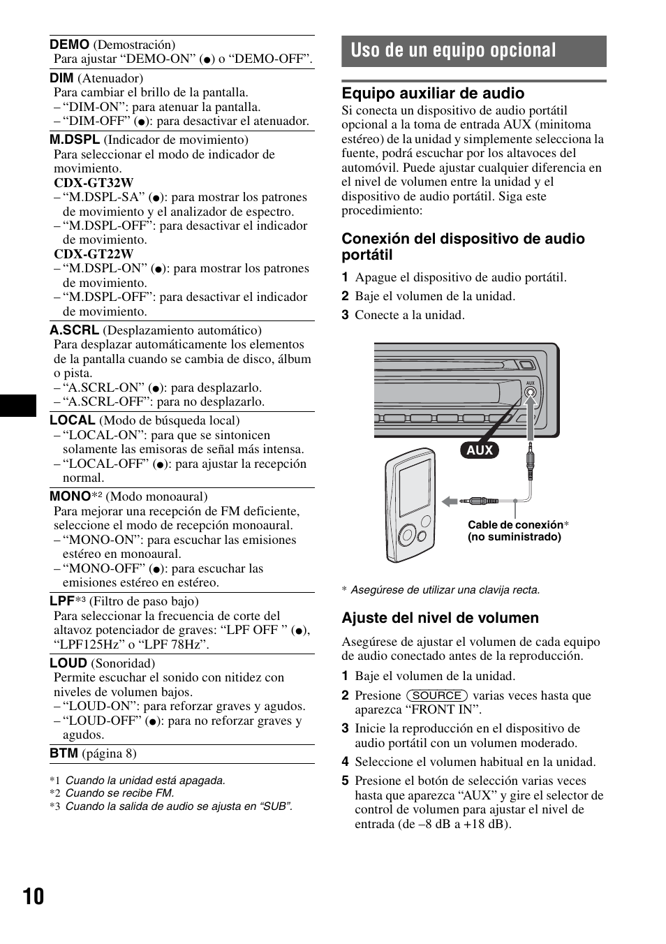 Uso de un equipo opcional, Equipo auxiliar de audio | Sony CDX-GT22W User Manual | Page 26 / 36