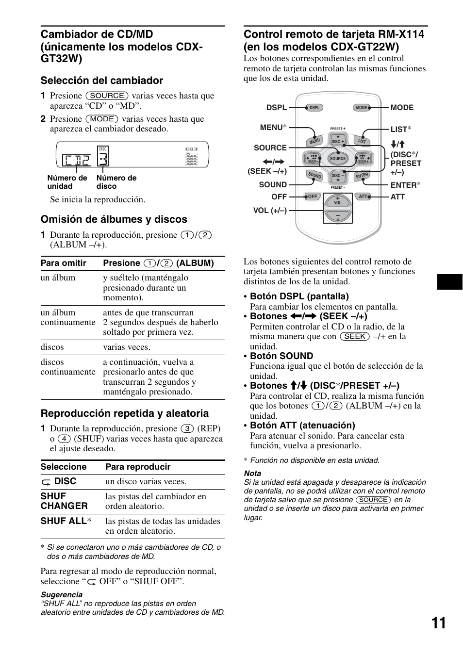 Selección del cambiador, Omisión de álbumes y discos, Reproducción repetida y aleatoria | Sony CDX-GT22W User Manual | Page 27 / 36