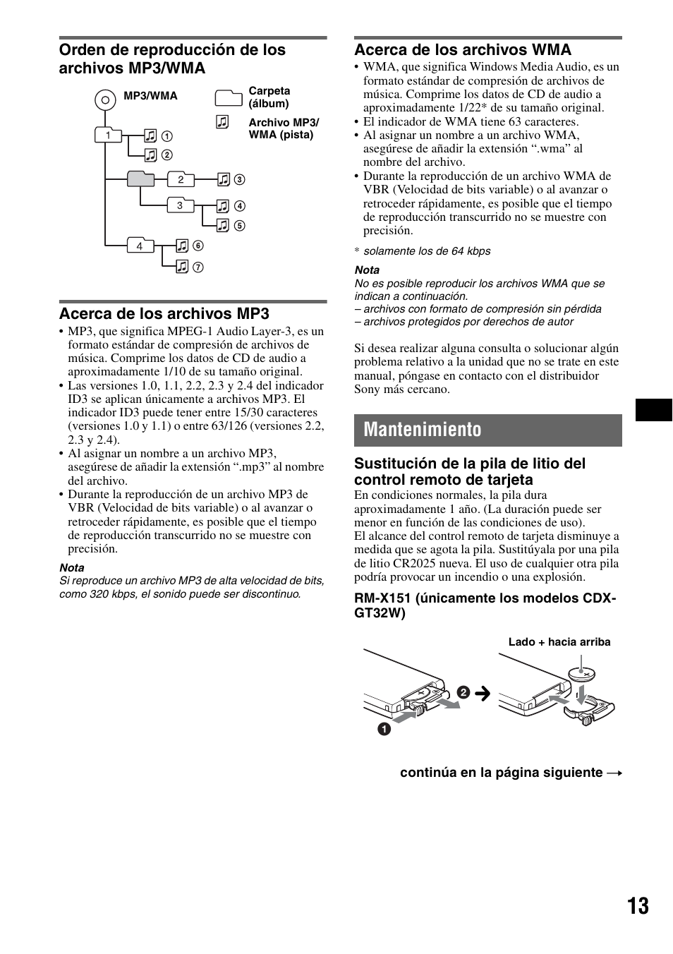 Orden de reproducción de los archivos mp3/wma, Acerca de los archivos mp3, Acerca de los archivos wma | Mantenimiento | Sony CDX-GT22W User Manual | Page 29 / 36
