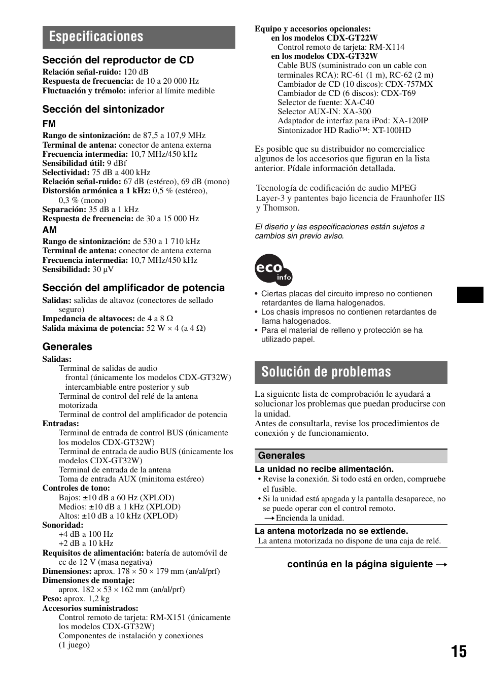 Especificaciones, Solución de problemas, Especificaciones solución de problemas | Sony CDX-GT22W User Manual | Page 31 / 36