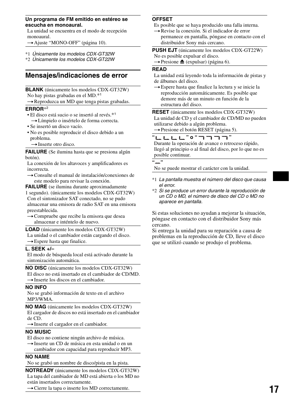 Mensajes/indicaciones de error | Sony CDX-GT22W User Manual | Page 33 / 36