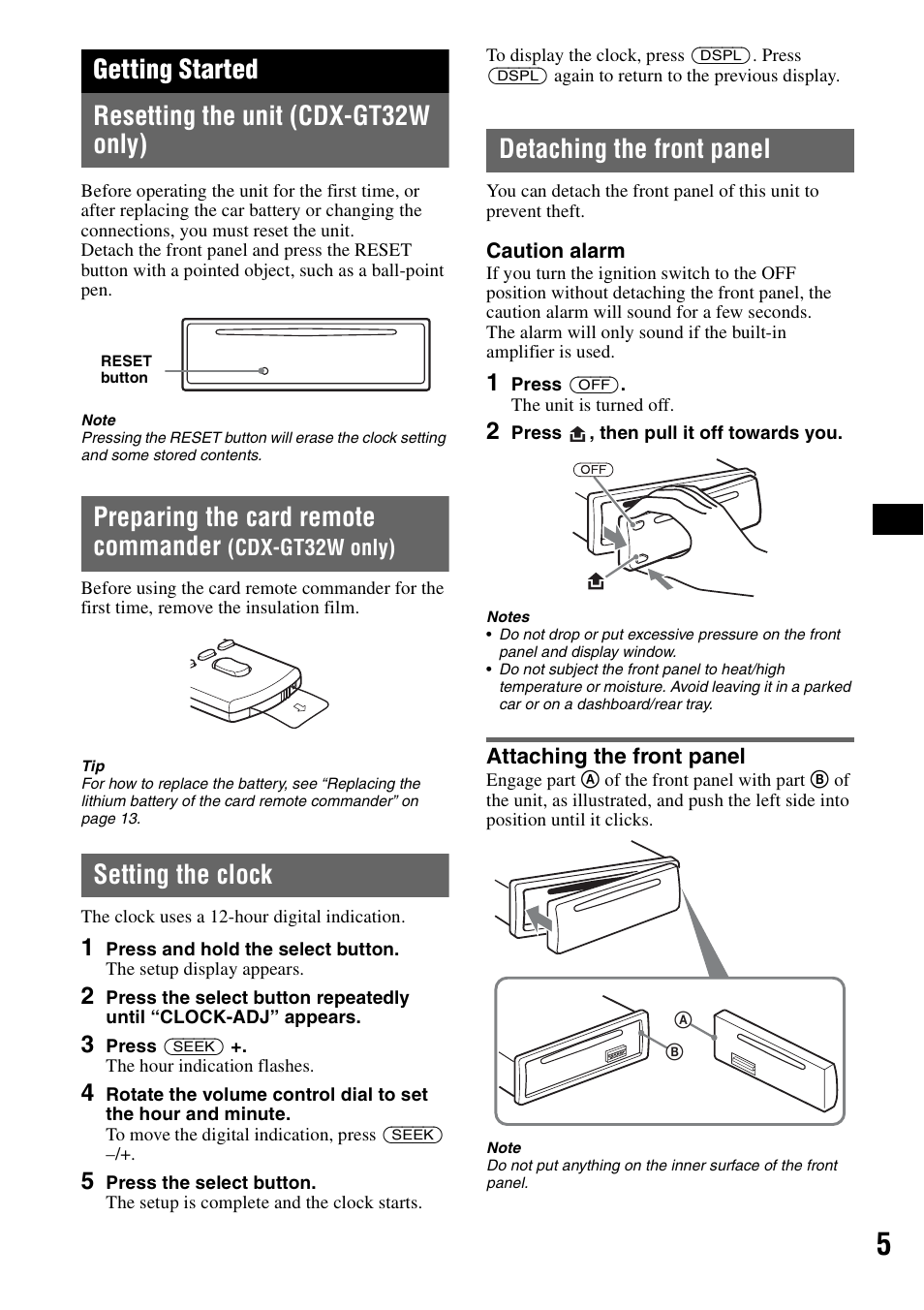 Getting started, Resetting the unit (cdx-gt32w only), Setting the clock | Detaching the front panel, Attaching the front panel, Preparing the card remote commander | Sony CDX-GT22W User Manual | Page 5 / 36