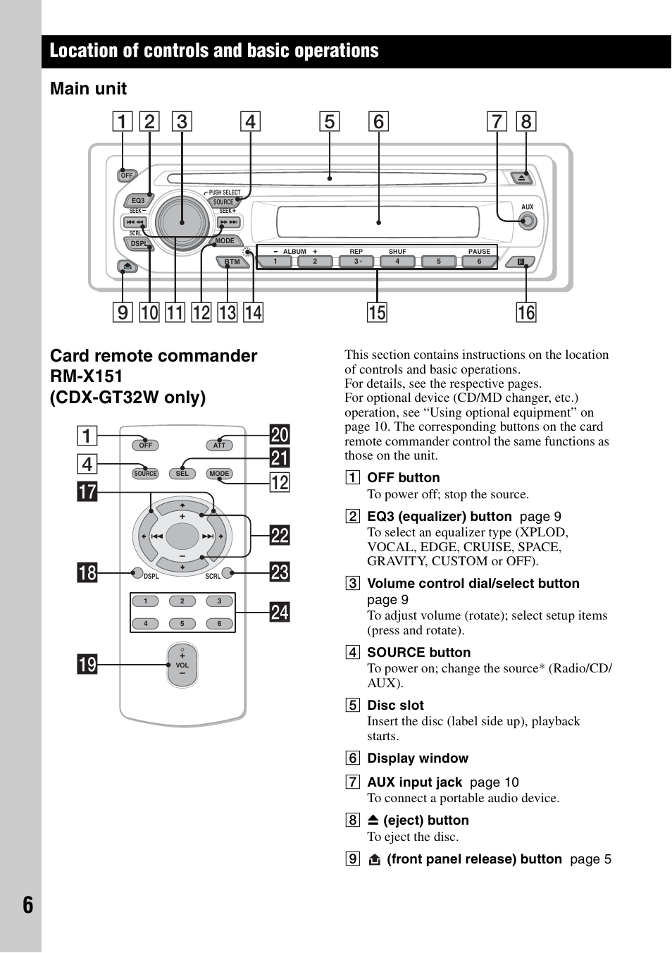 Location of controls and basic operations, Main unit, Card remote commander rm-x151 (cdx-gt32w only) | 4wa qs 1 wd qj qk w; ql wf ws | Sony CDX-GT22W User Manual | Page 6 / 36