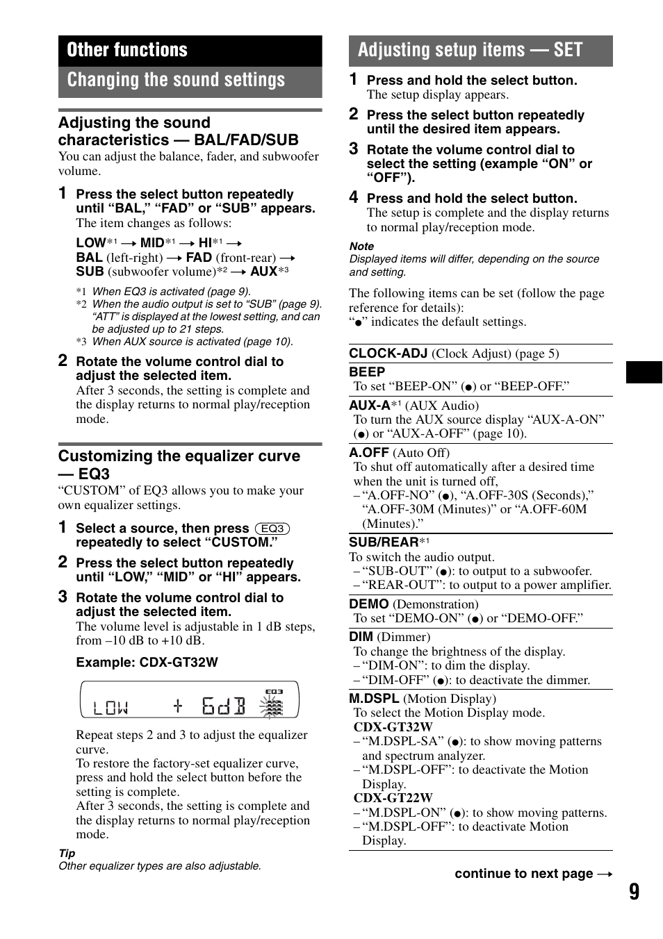 Other functions, Changing the sound settings, Adjusting the sound characteristics - bal/fad/sub | Customizing the equalizer curve - eq3, Adjusting setup items - set, Adjusting setup items — set, Other functions changing the sound settings, Adjusting the sound characteristics — bal/fad/sub, Customizing the equalizer curve — eq3 | Sony CDX-GT22W User Manual | Page 9 / 36