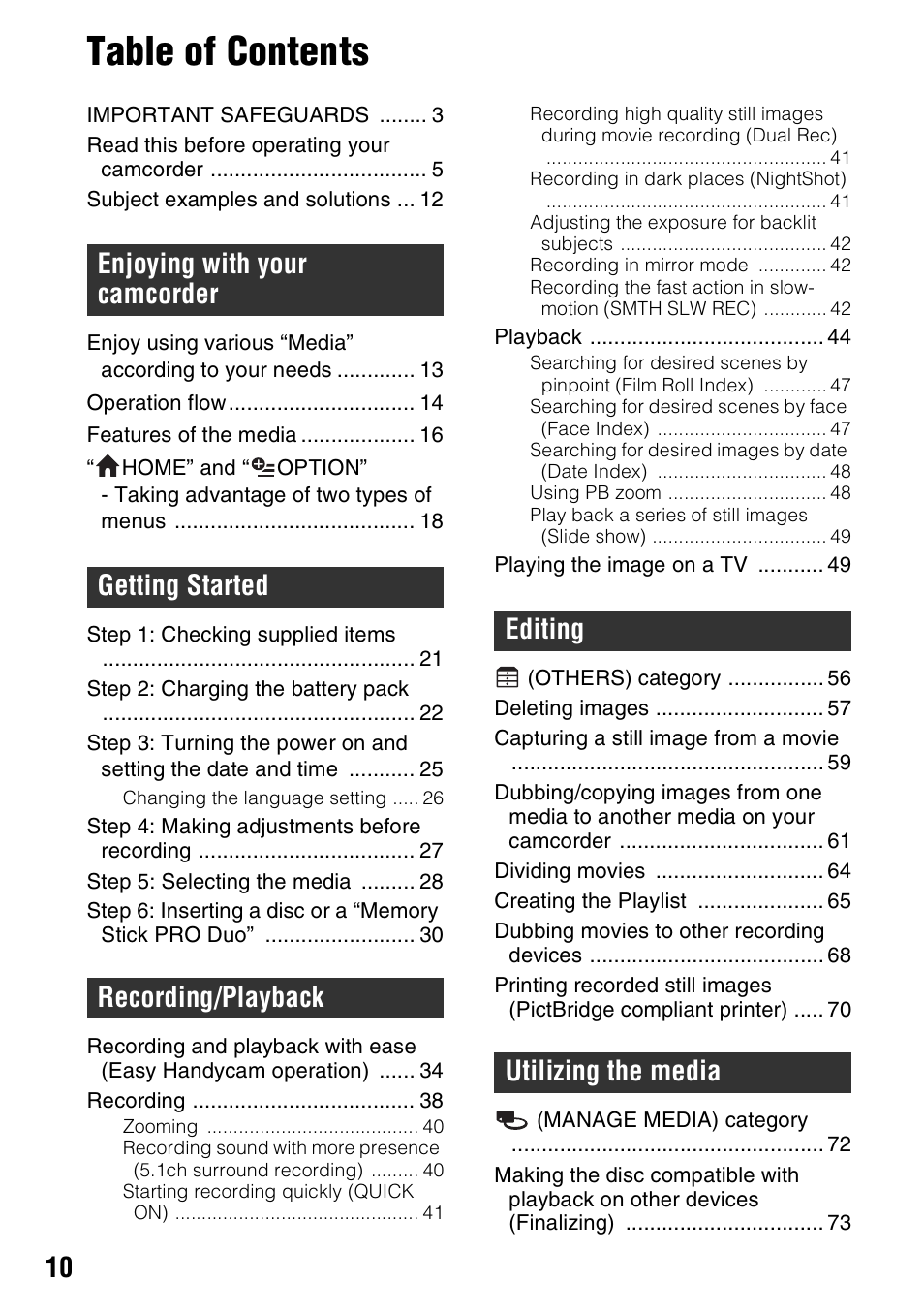 Sony HDR-UX10 User Manual | Page 10 / 172