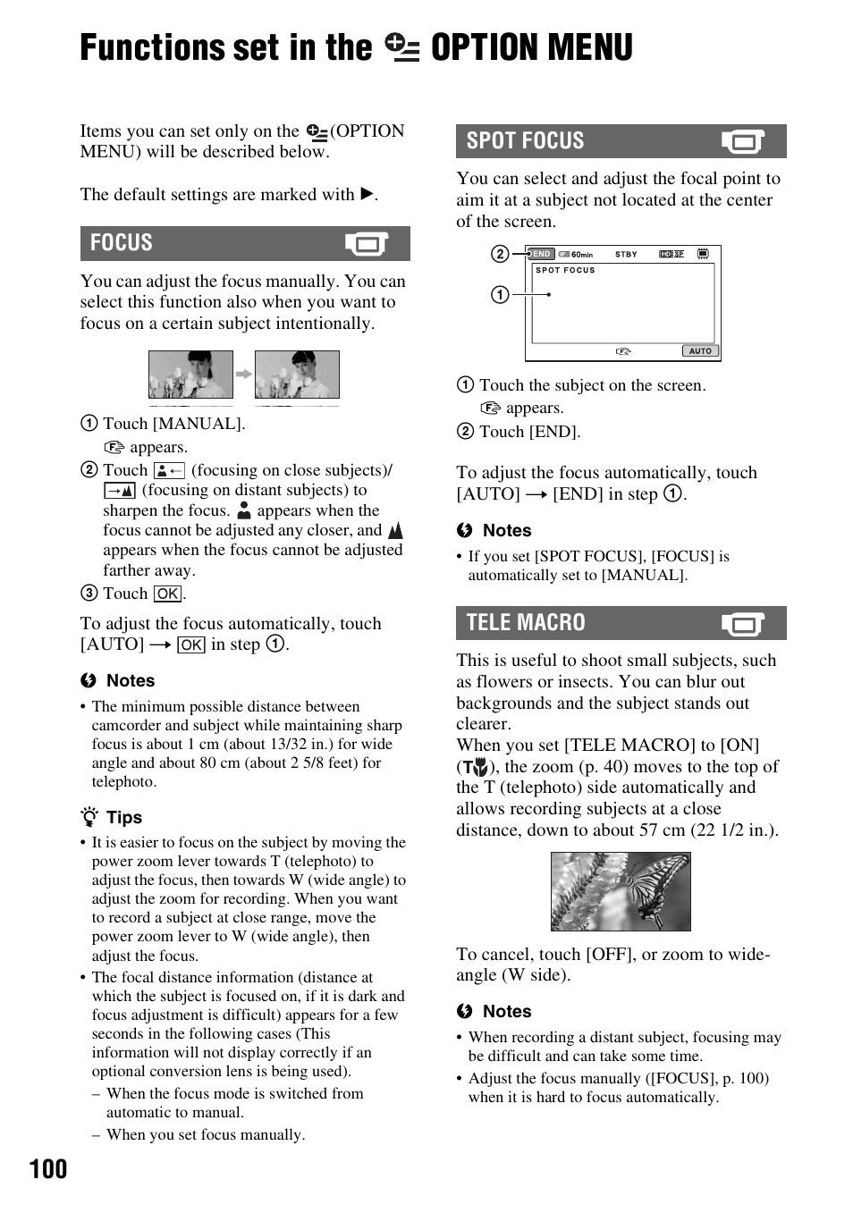 Functions set in the option menu, Functions set in the, P. 100) | Focus spot focus tele macro | Sony HDR-UX10 User Manual | Page 100 / 172