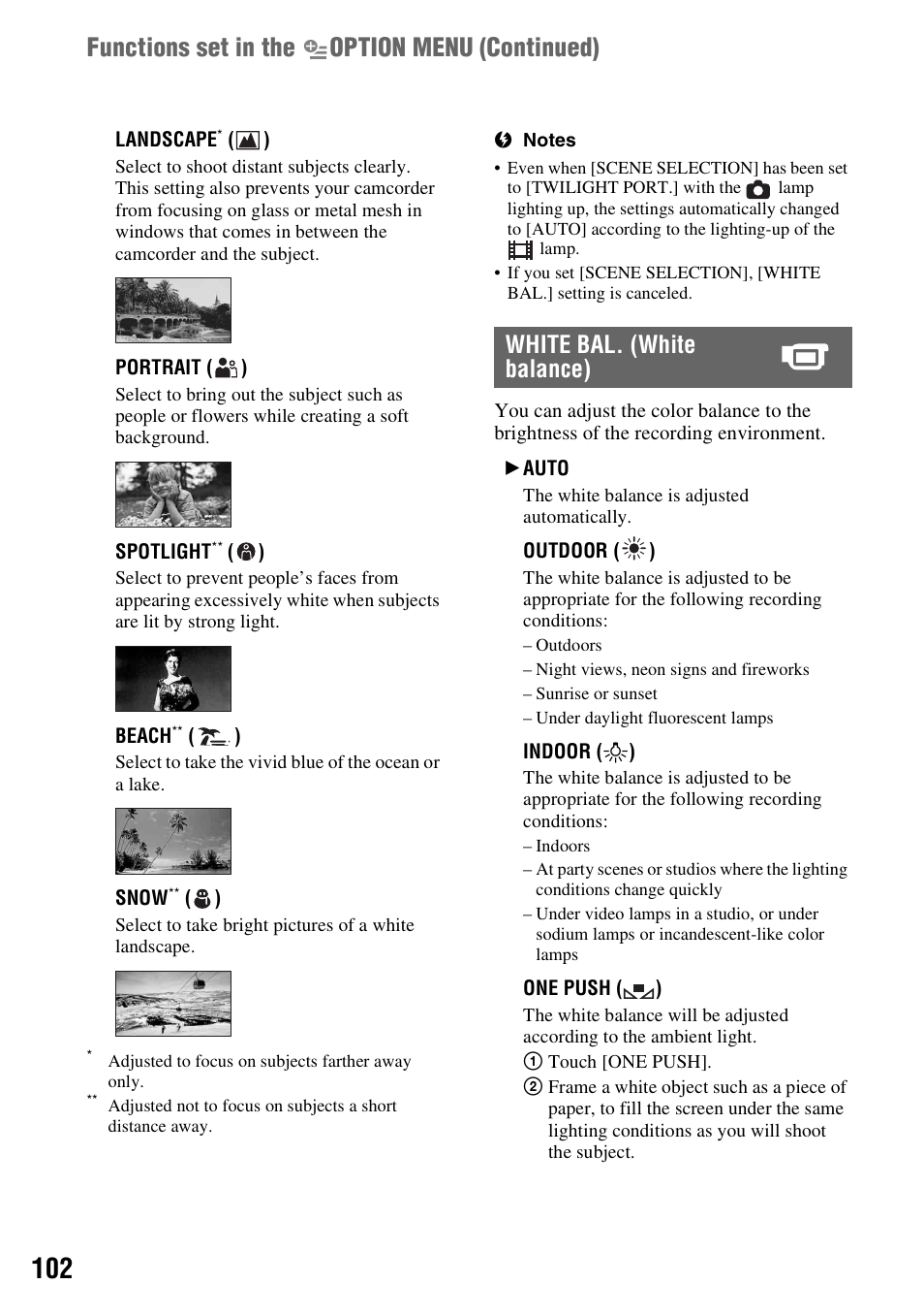 Functions set in the option menu (continued), White bal. (white balance) | Sony HDR-UX10 User Manual | Page 102 / 172