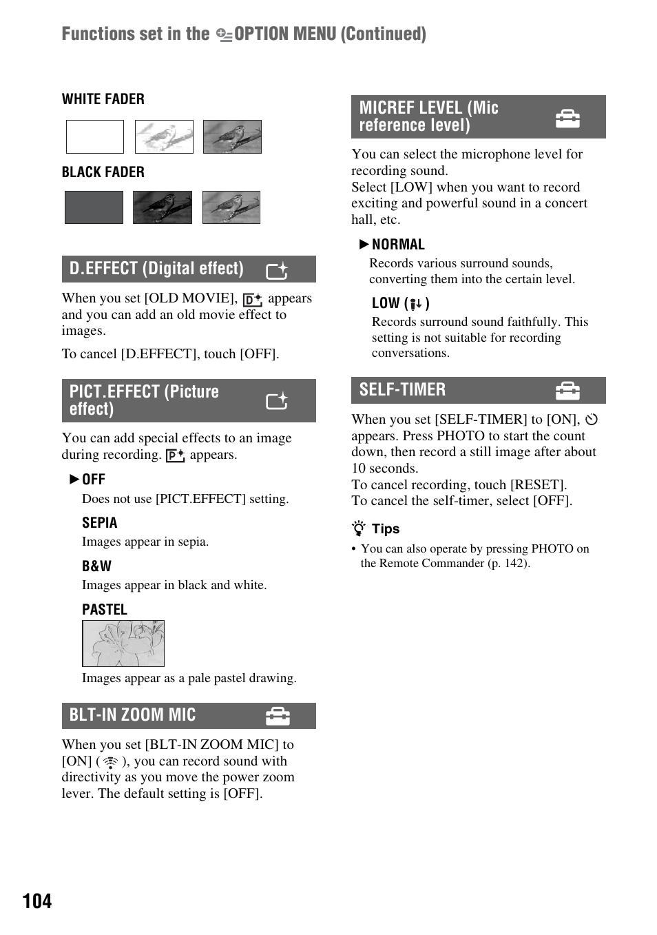Functions set in the option menu (continued) | Sony HDR-UX10 User Manual | Page 104 / 172