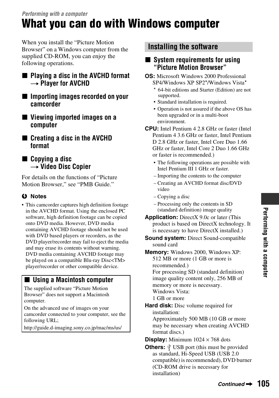 Performing with a computer, What you can do with windows computer, Performing with a | Computer, What you can do with windows, P. 105), E (p. 105, P. 105, Installing the software | Sony HDR-UX10 User Manual | Page 105 / 172