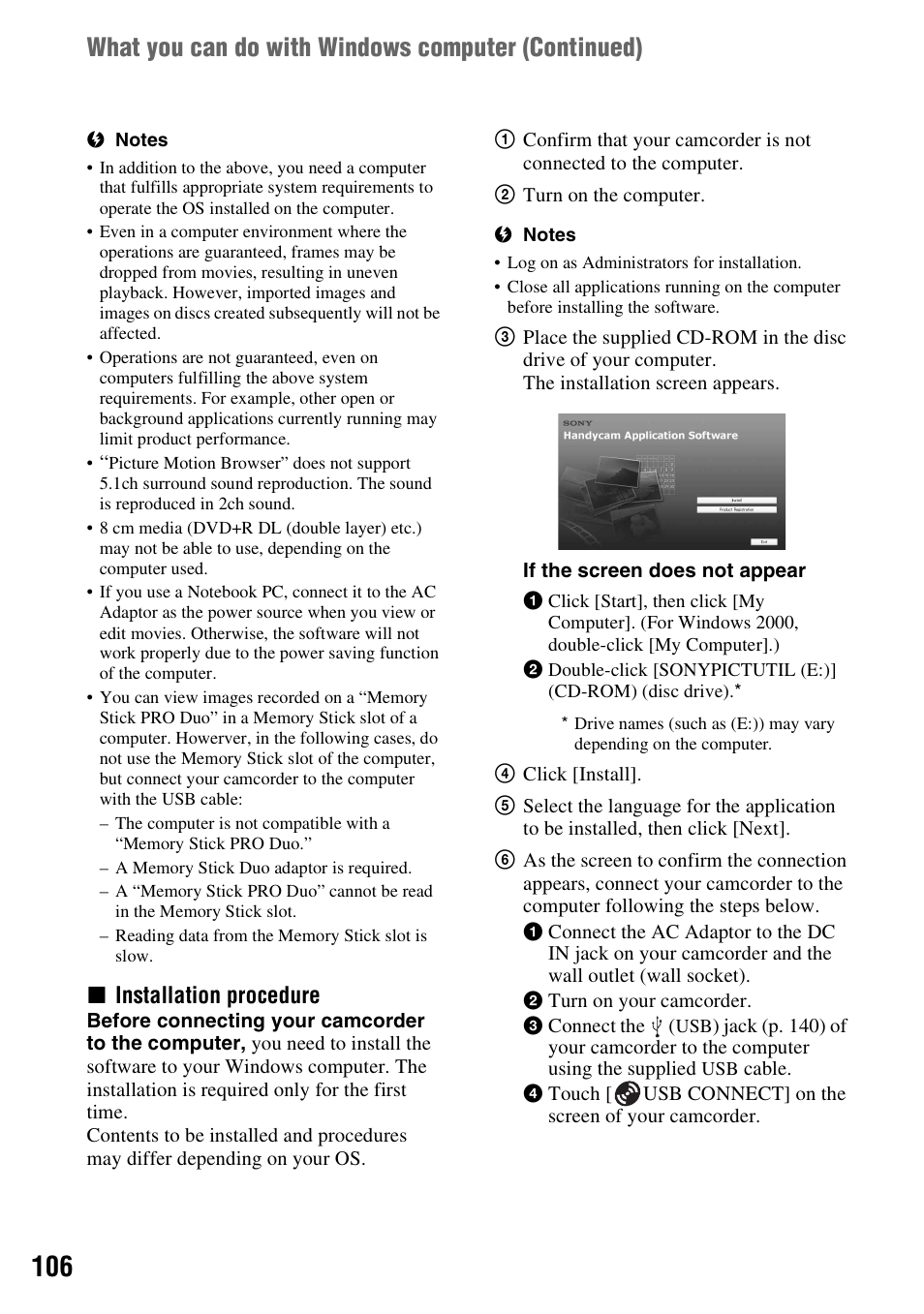 What you can do with windows computer (continued), Xinstallation procedure | Sony HDR-UX10 User Manual | Page 106 / 172