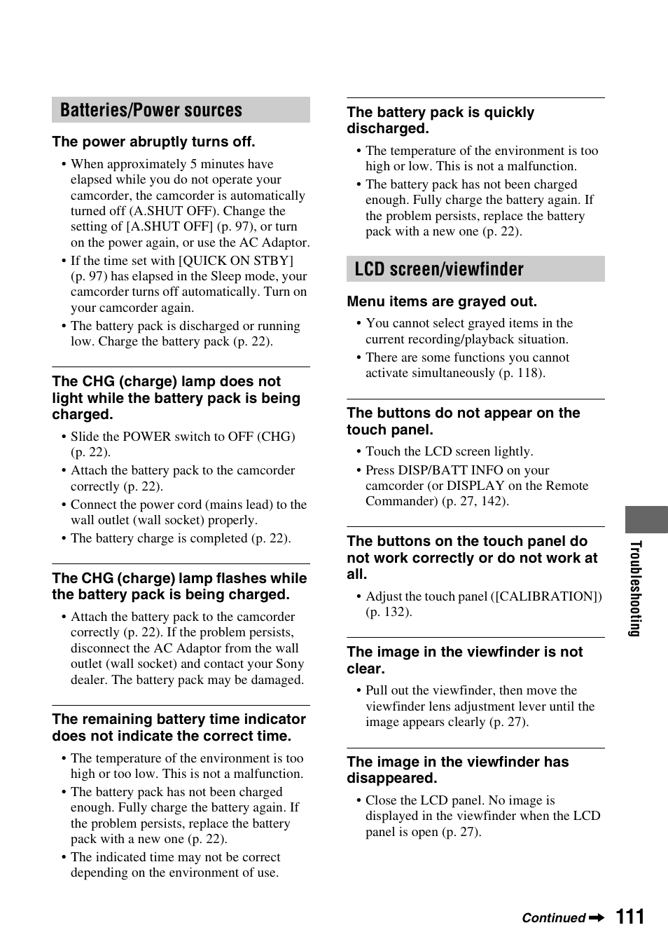 Batteries/power sources, P. 111, Lcd screen/viewfinder | Batteries/power sources lcd screen/viewfinder | Sony HDR-UX10 User Manual | Page 111 / 172