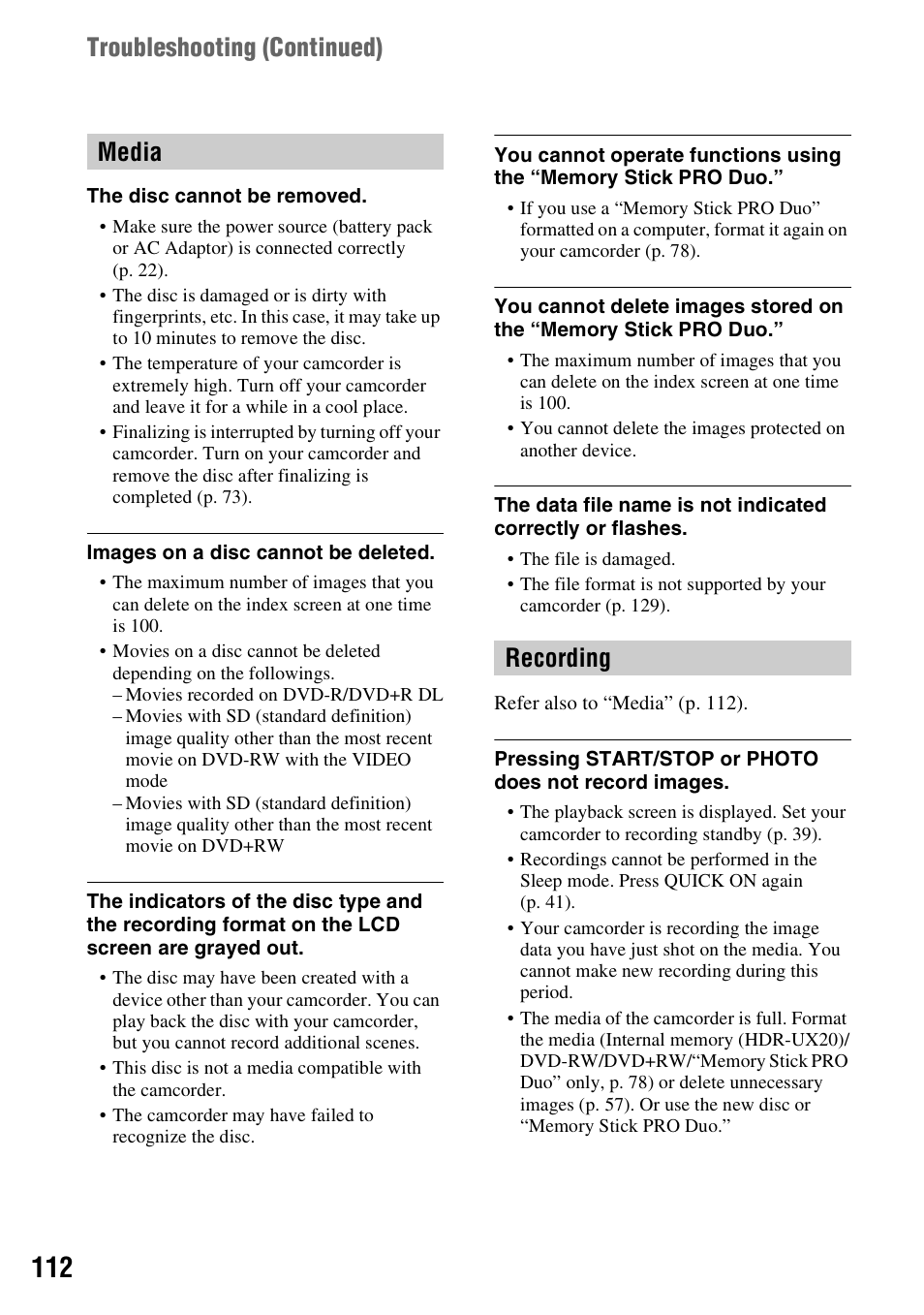 Media, P. 112, Recording | Troubleshooting (continued), Media recording | Sony HDR-UX10 User Manual | Page 112 / 172