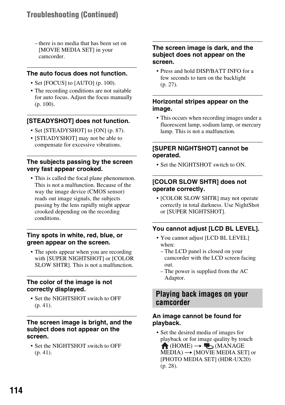 Playing back images on your camcorder, P. 114, Troubleshooting (continued) | Sony HDR-UX10 User Manual | Page 114 / 172