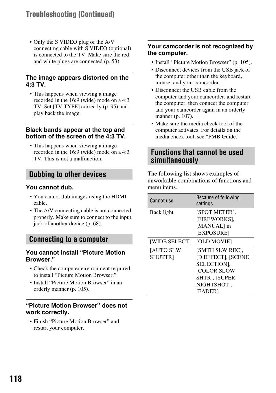 Dubbing to other devices, P. 118, Connecting to a computer | Functions that cannot be used, Simultaneously, P. 118), Troubleshooting (continued) | Sony HDR-UX10 User Manual | Page 118 / 172
