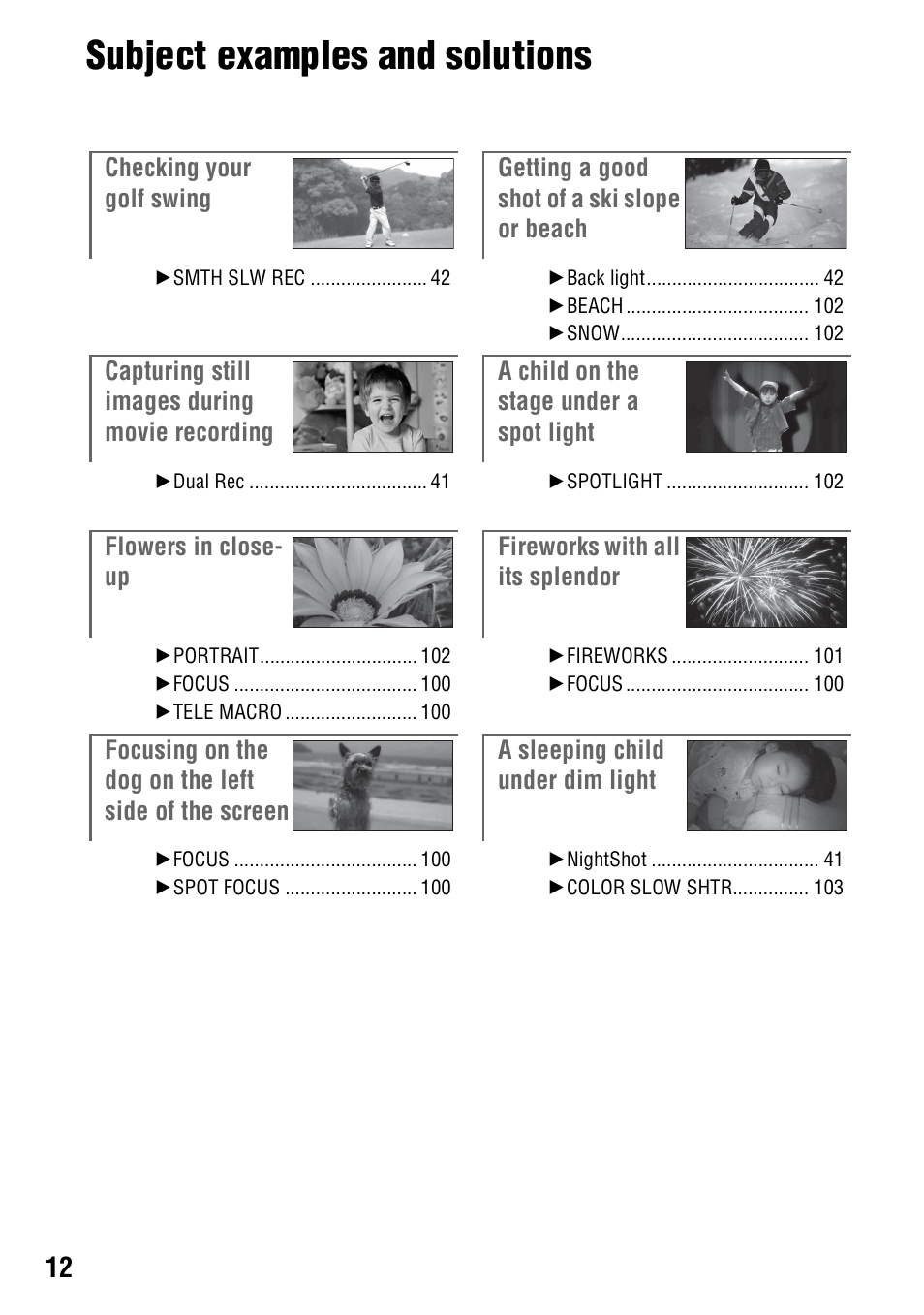 Subject examples and solutions | Sony HDR-UX10 User Manual | Page 12 / 172