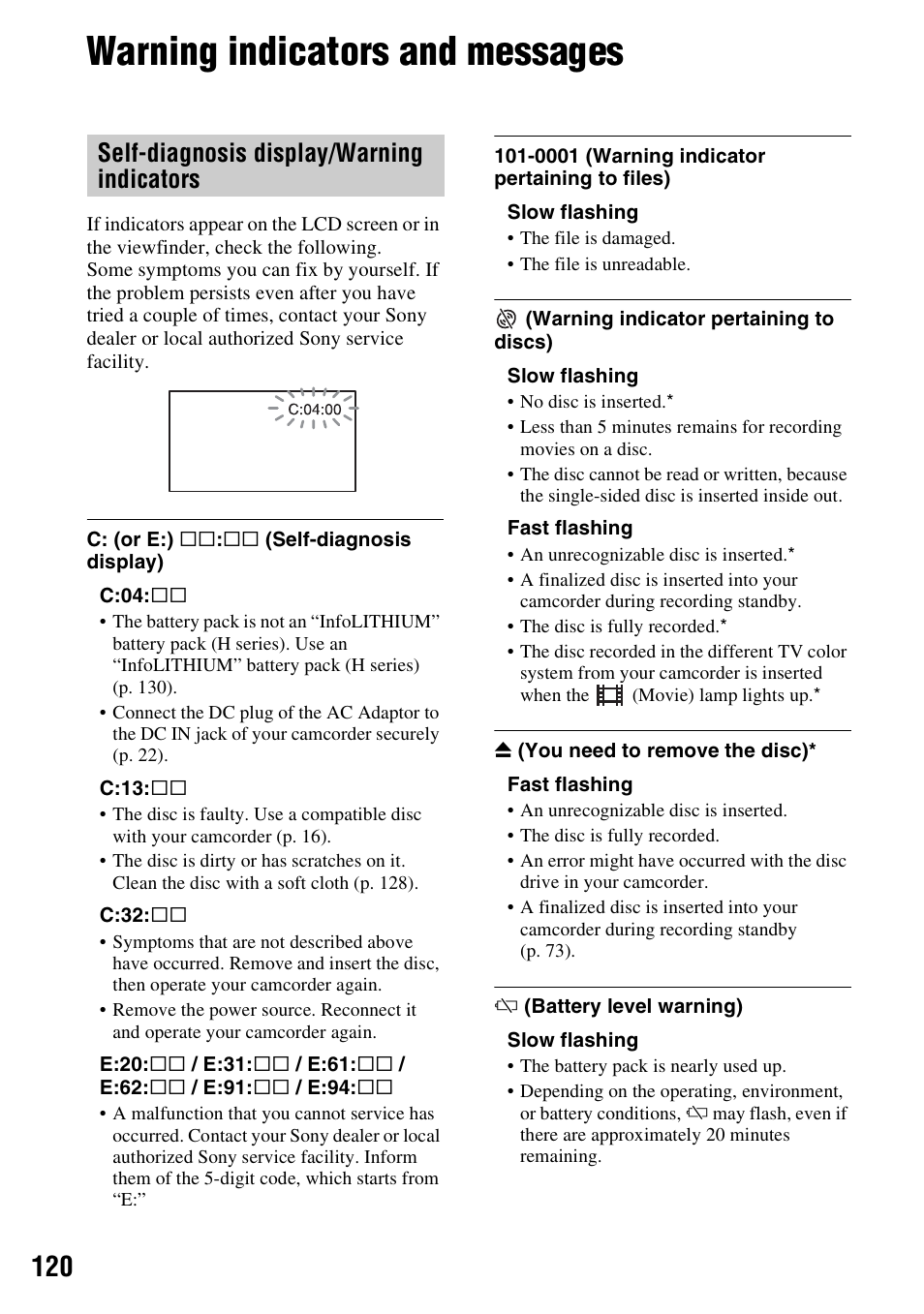 Warning indicators and messages, Self-diagnosis display/warning indicators | Sony HDR-UX10 User Manual | Page 120 / 172