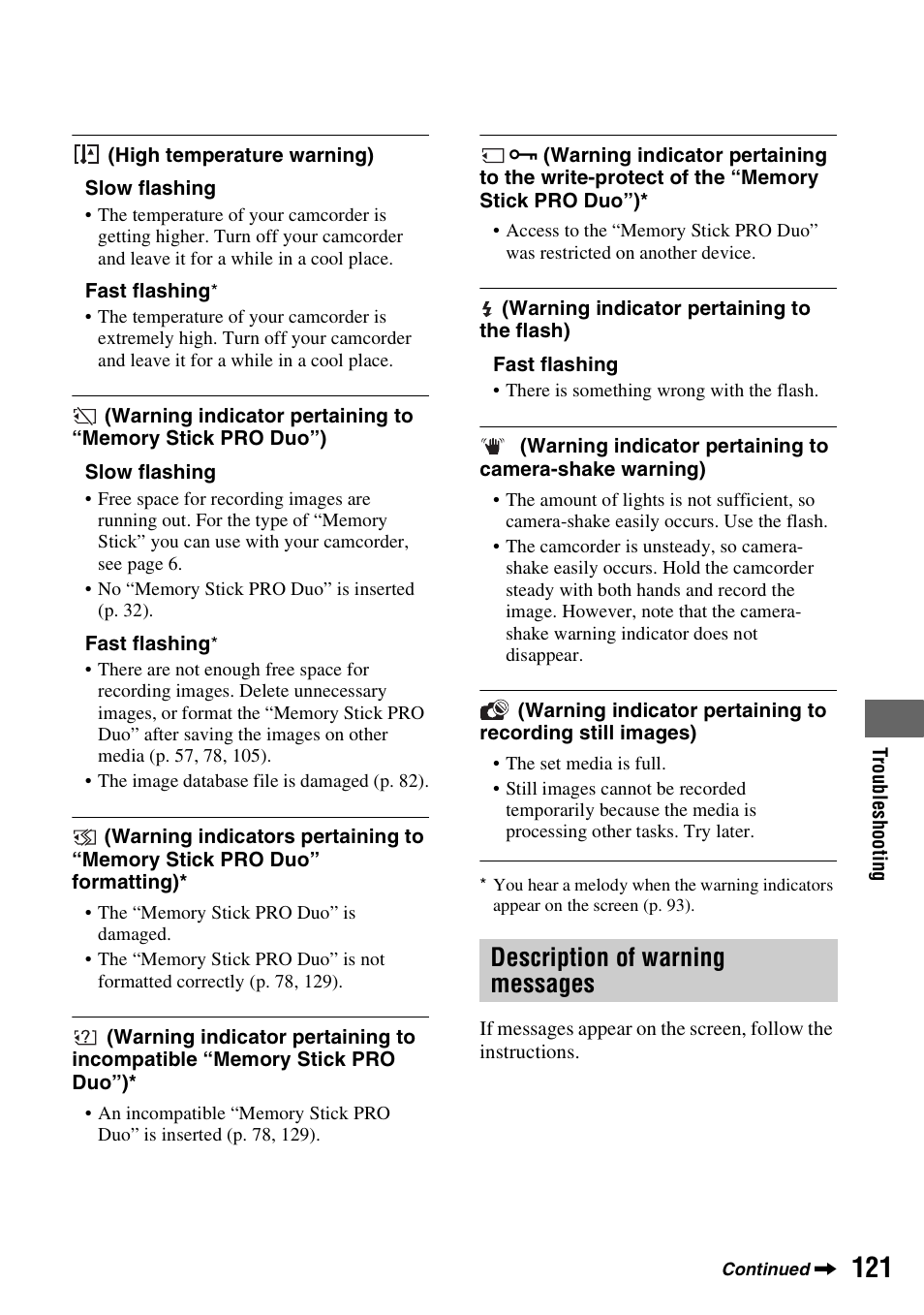 Description of warning messages | Sony HDR-UX10 User Manual | Page 121 / 172