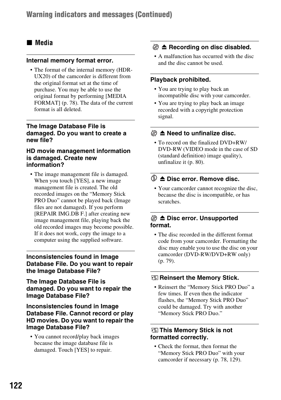 Warning indicators and messages (continued) | Sony HDR-UX10 User Manual | Page 122 / 172