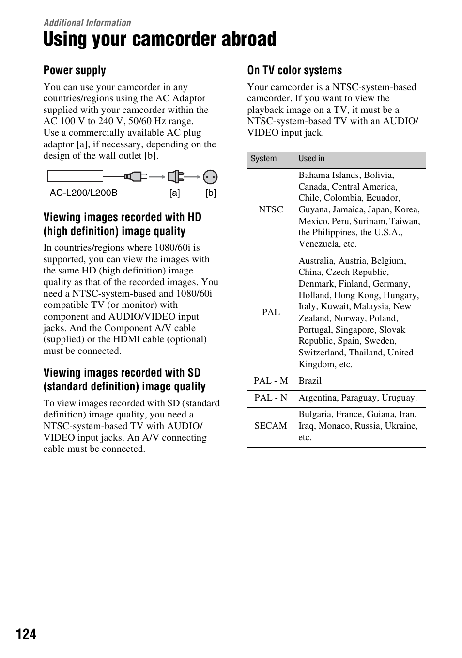 Additional information, Using your camcorder abroad | Sony HDR-UX10 User Manual | Page 124 / 172