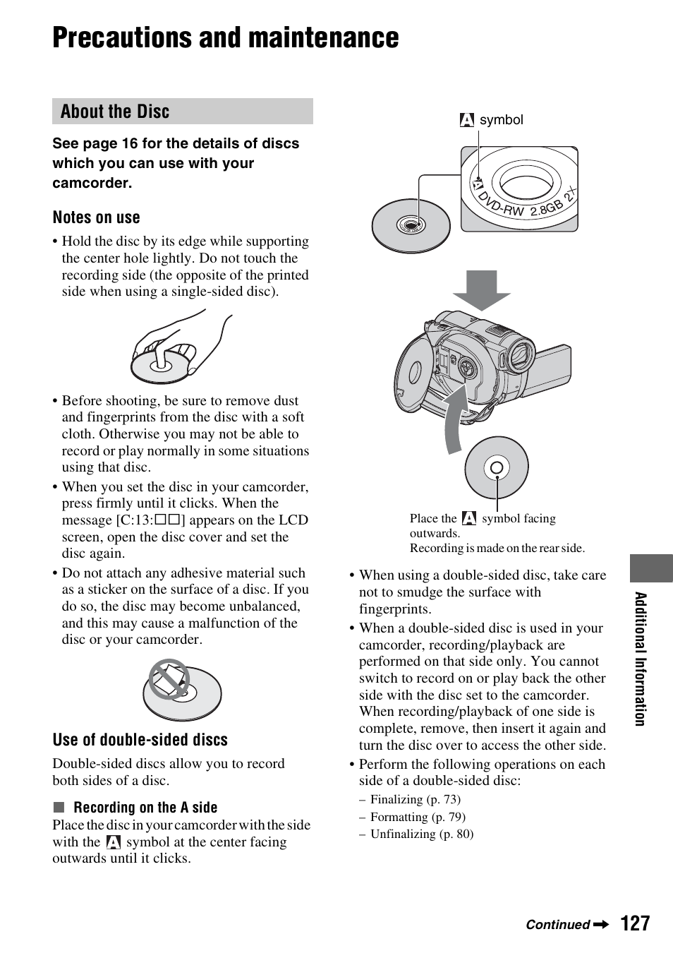 Precautions and maintenance, About the disc, P. 127 | Sony HDR-UX10 User Manual | Page 127 / 172