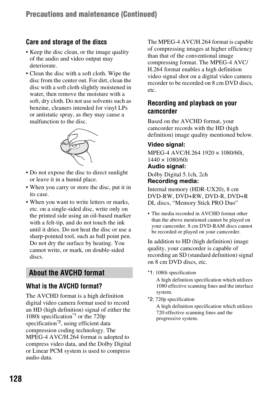 About the avchd format, P. 128), Oth (p. 128) | Precautions and maintenance (continued) | Sony HDR-UX10 User Manual | Page 128 / 172