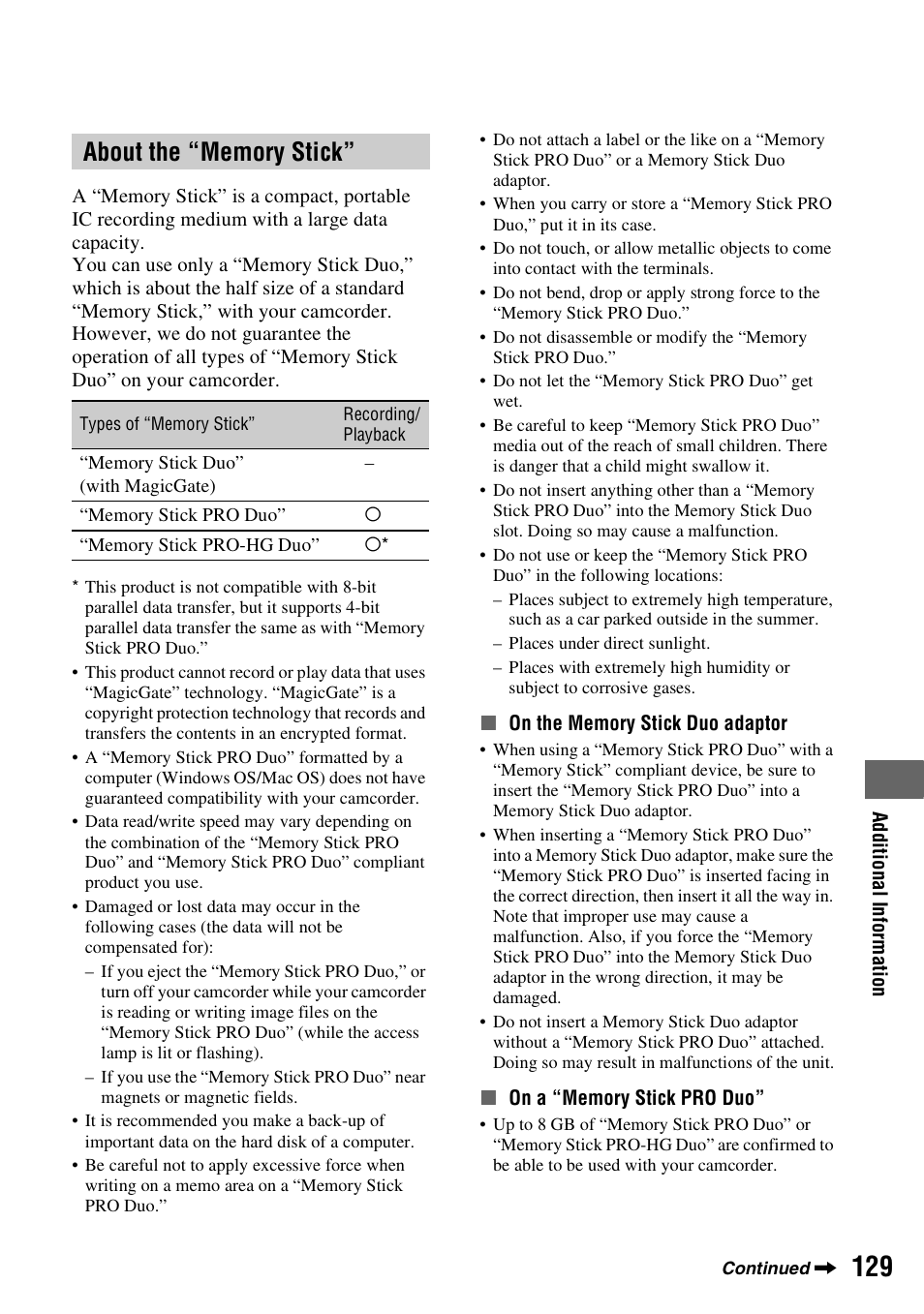 About the “memory stick, P. 129) | Sony HDR-UX10 User Manual | Page 129 / 172