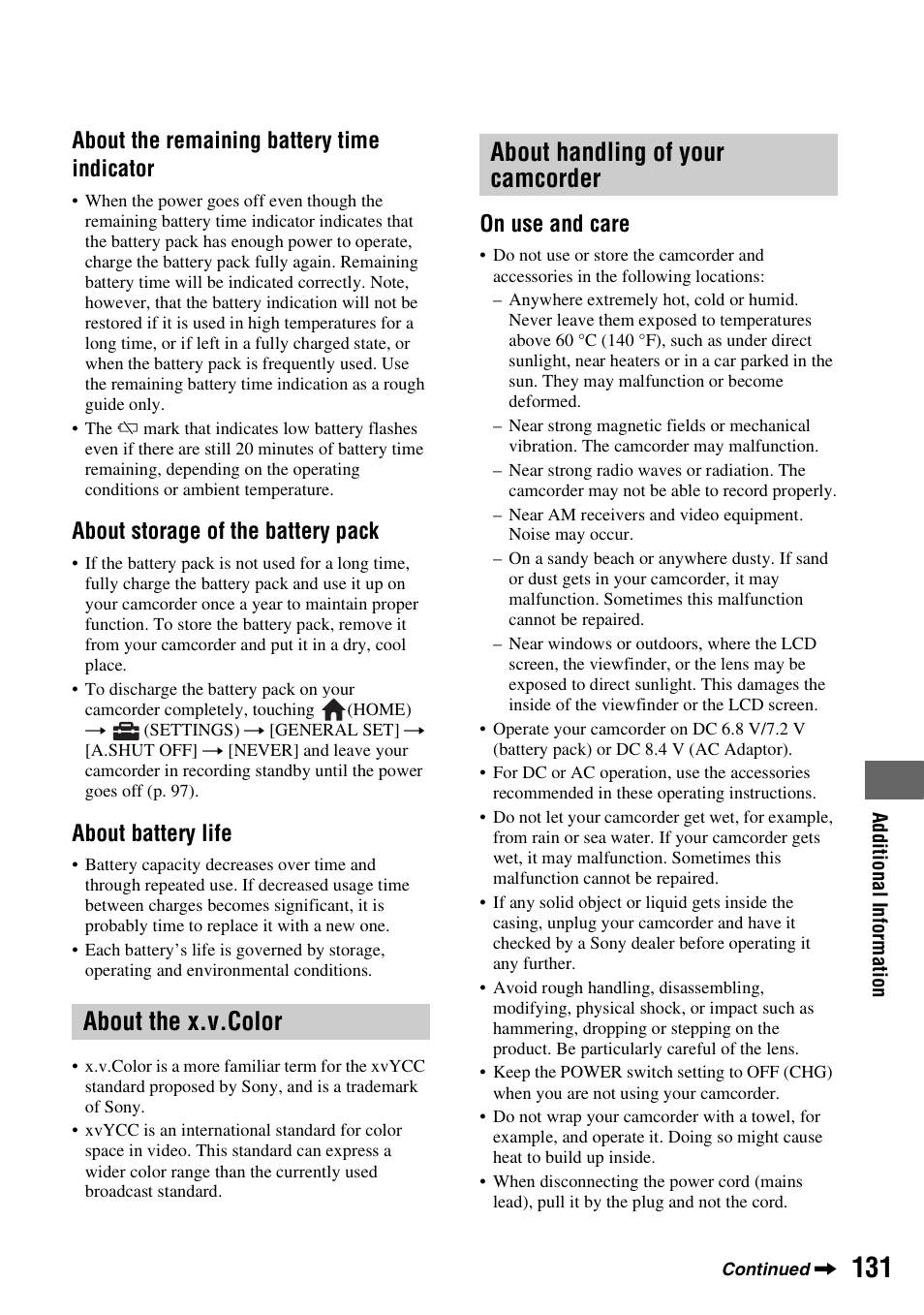 About the x.v.color, About handling of your camcorder, P. 131) | About the remaining battery time indicator, About storage of the battery pack, About battery life, On use and care | Sony HDR-UX10 User Manual | Page 131 / 172