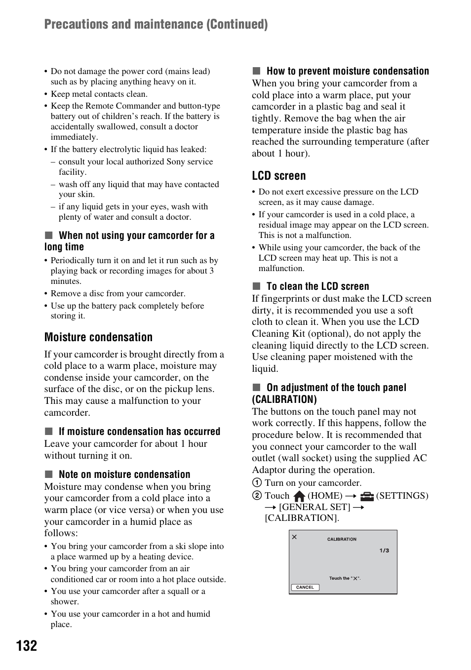 P. 132), P. 132, Precautions and maintenance (continued) | Moisture condensation, Lcd screen | Sony HDR-UX10 User Manual | Page 132 / 172