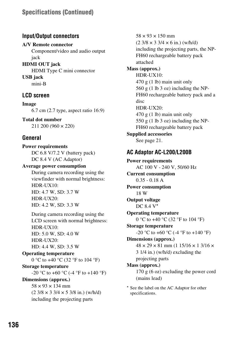 Specifications (continued) | Sony HDR-UX10 User Manual | Page 136 / 172