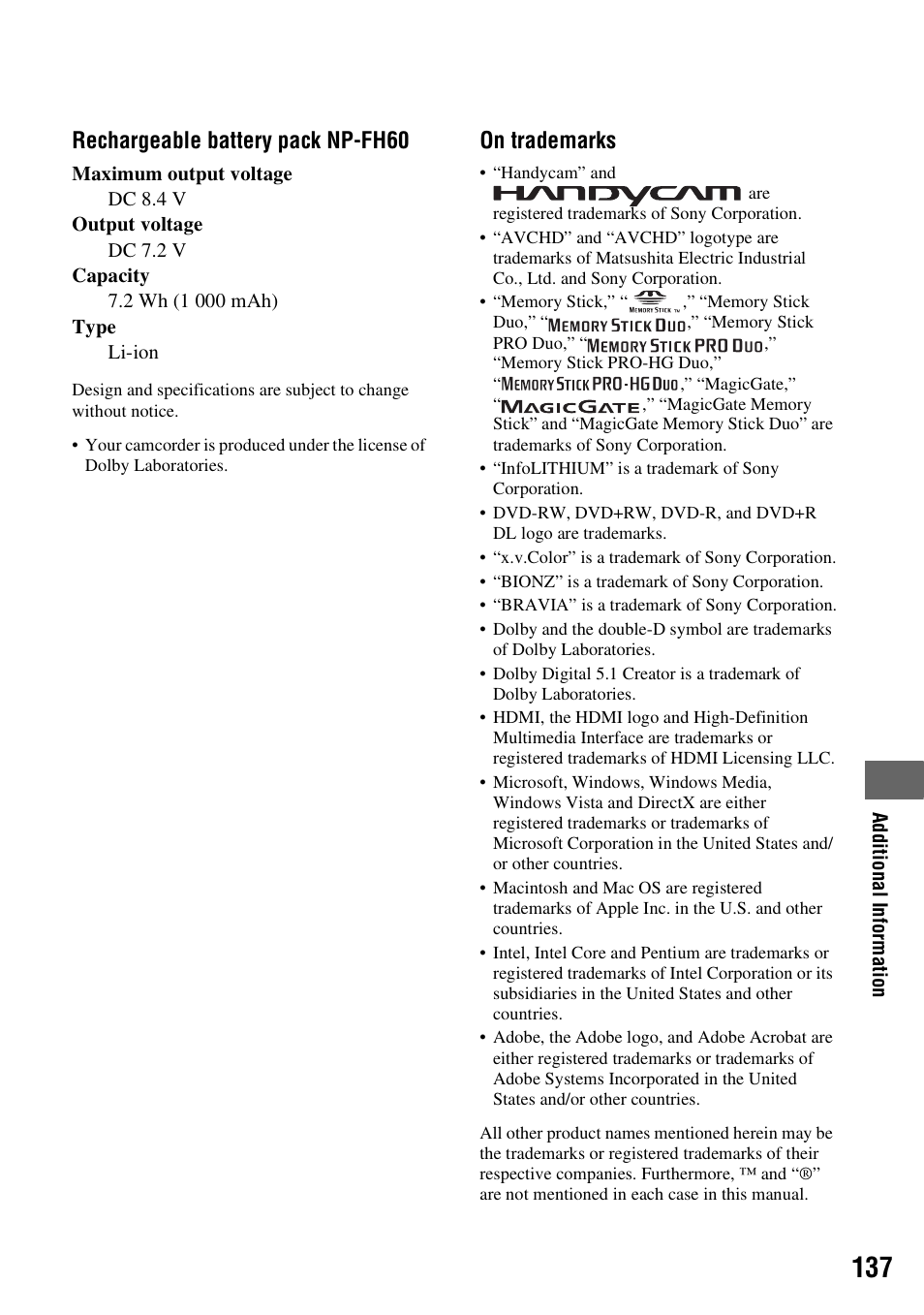 Rechargeable battery pack np-fh60, On trademarks | Sony HDR-UX10 User Manual | Page 137 / 172