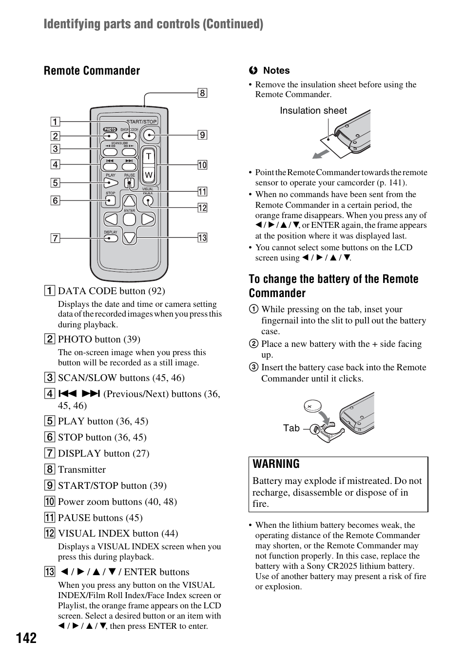 P. 142), P. 142, Identifying parts and controls (continued) | Sony HDR-UX10 User Manual | Page 142 / 172