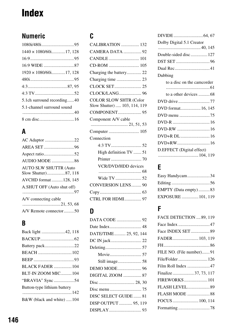 Index, Numeric | Sony HDR-UX10 User Manual | Page 146 / 172