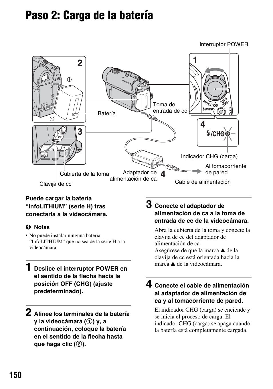 Paso 2: carga de la batería | Sony HDR-UX10 User Manual | Page 150 / 172