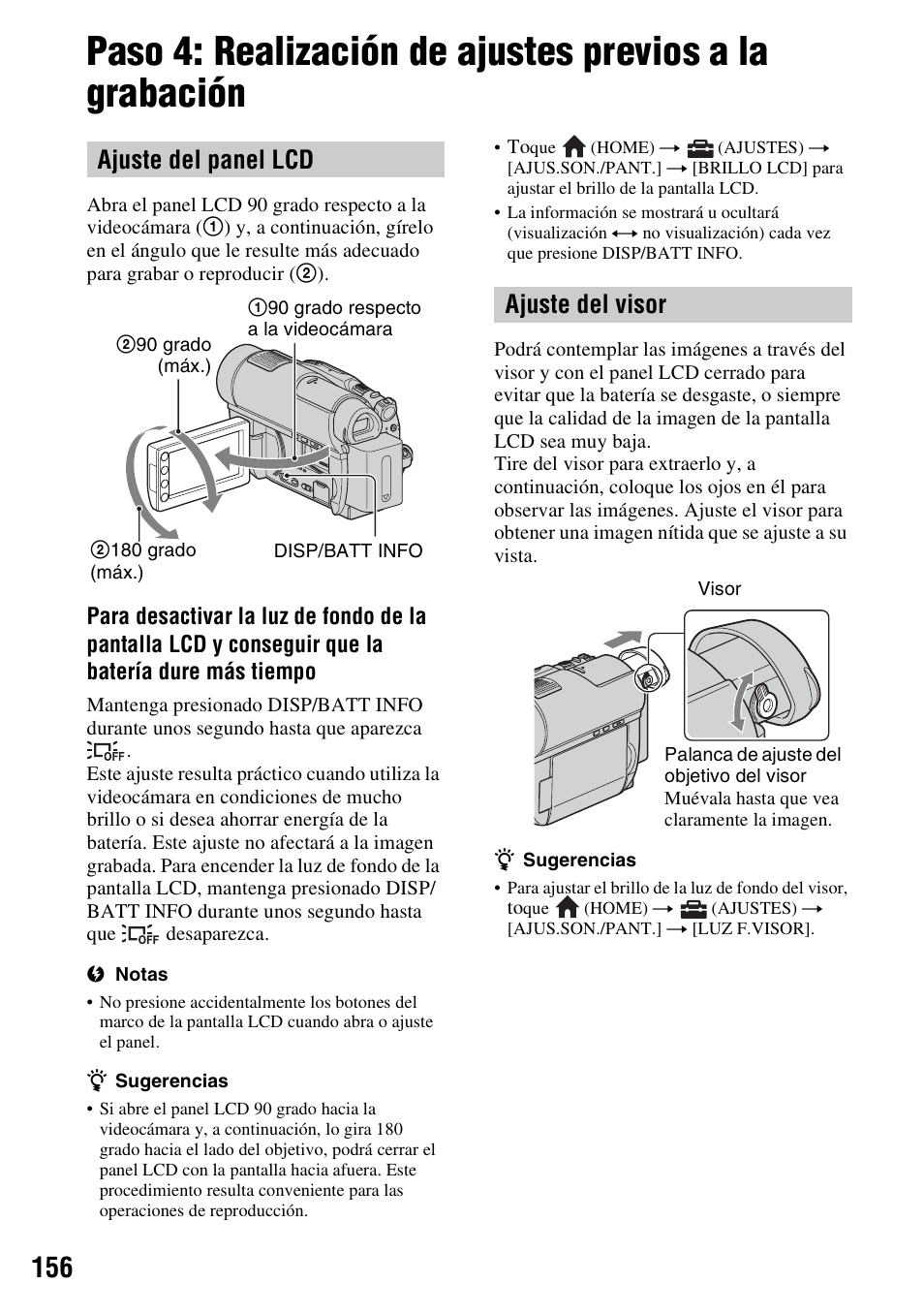Ajuste del panel lcd, Ajuste del visor | Sony HDR-UX10 User Manual | Page 156 / 172