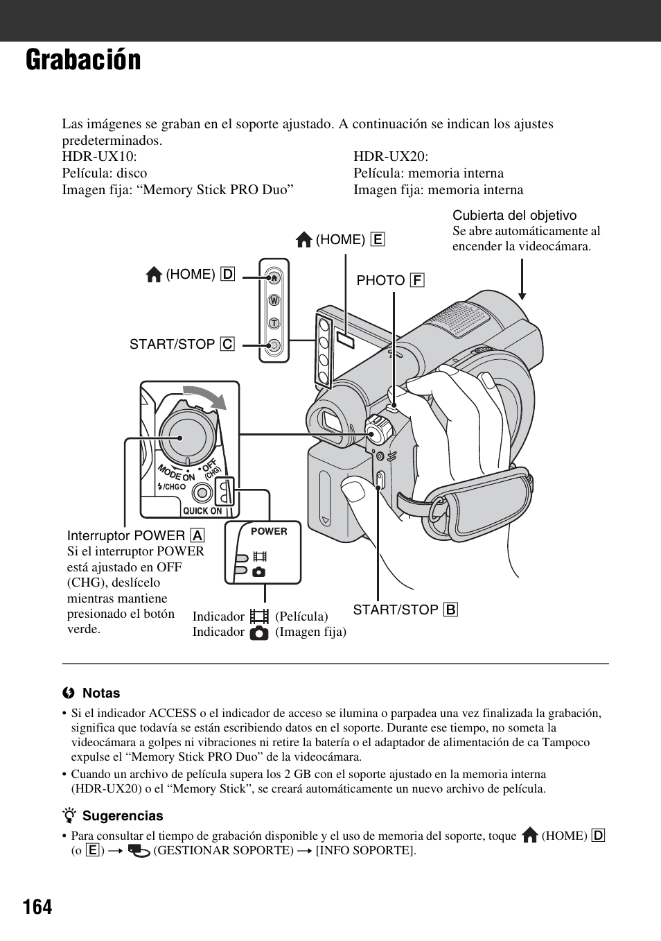 Grabación | Sony HDR-UX10 User Manual | Page 164 / 172