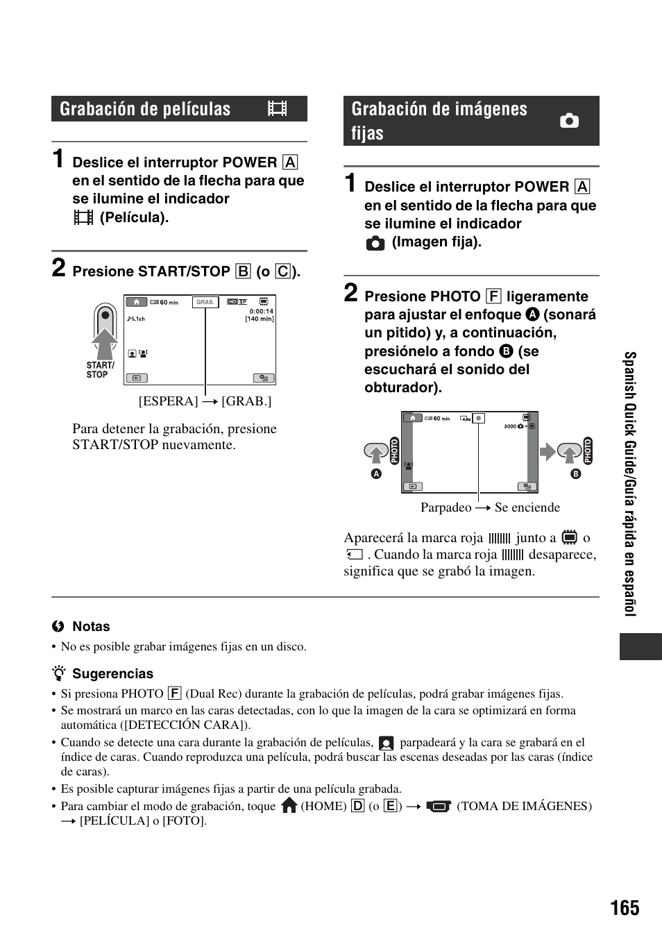 Grabación de películas, Grabación de imágenes fijas | Sony HDR-UX10 User Manual | Page 165 / 172