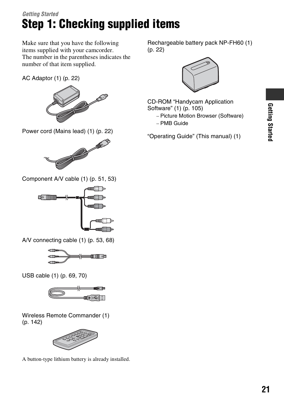 Getting started, Step 1: checking supplied items, Tting started | Sony HDR-UX10 User Manual | Page 21 / 172