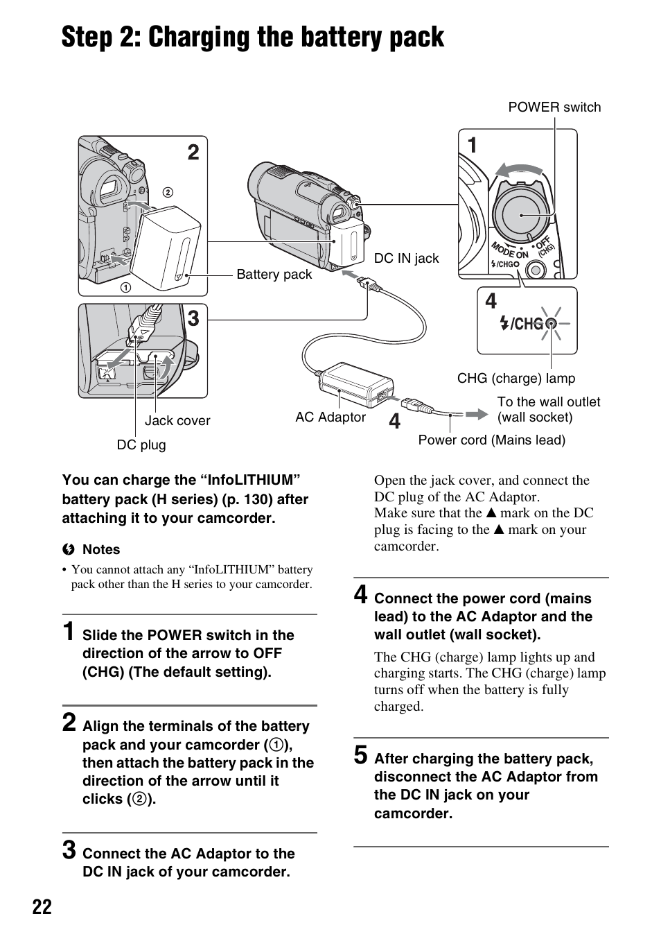 Step 2: charging the battery pack, P. 22) | Sony HDR-UX10 User Manual | Page 22 / 172