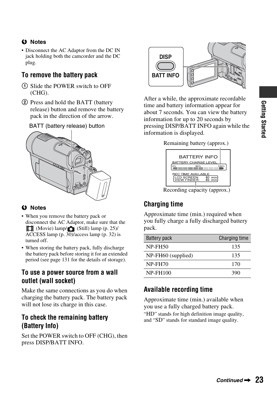 Charging time, Available recording time | Sony HDR-UX10 User Manual | Page 23 / 172