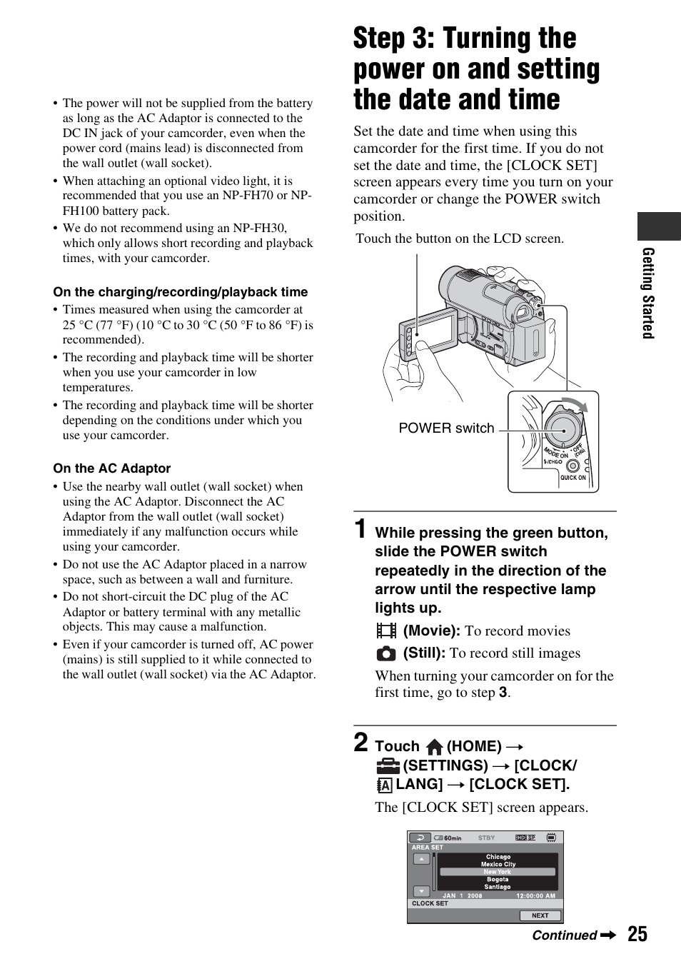 P. 25, Step 3: turning the power on and, Setting the date and time | Mp (p. 25), P. 25) or the | Sony HDR-UX10 User Manual | Page 25 / 172