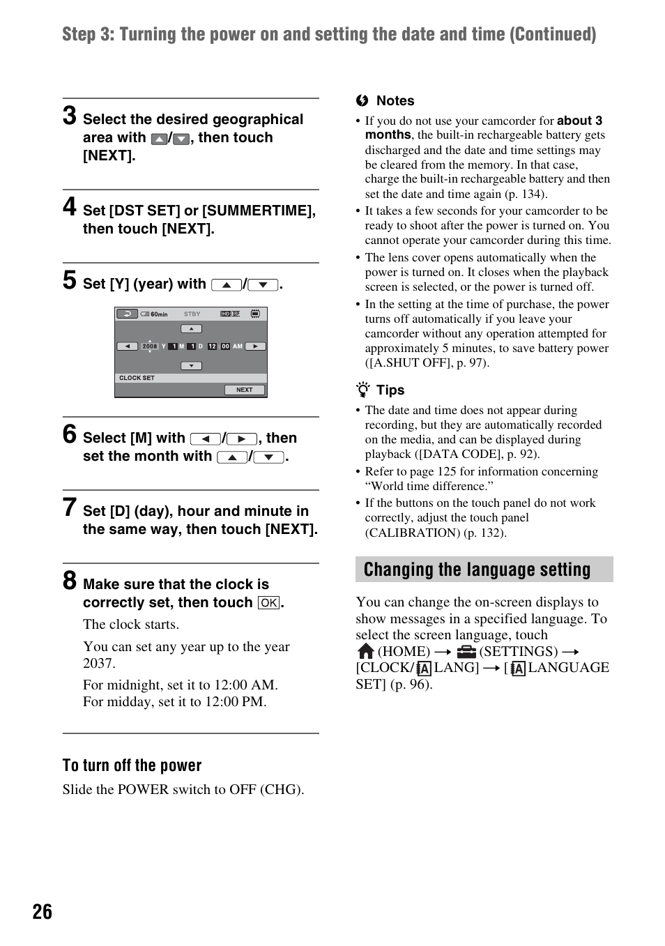 Changing the language setting, P. 26) | Sony HDR-UX10 User Manual | Page 26 / 172