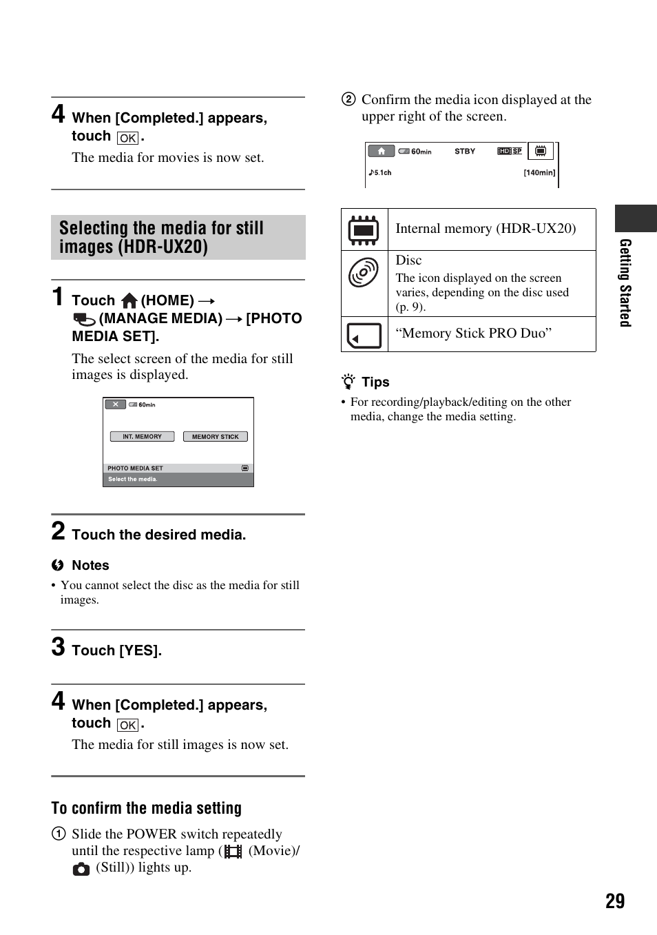 Selecting the media for still images (hdr-ux20) | Sony HDR-UX10 User Manual | Page 29 / 172