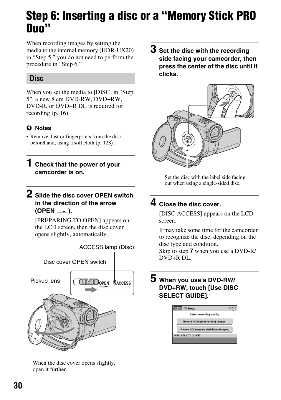 P. 30), Step 6: inserting a disc or a “memory, Stick pro duo | Sony HDR-UX10 User Manual | Page 30 / 172