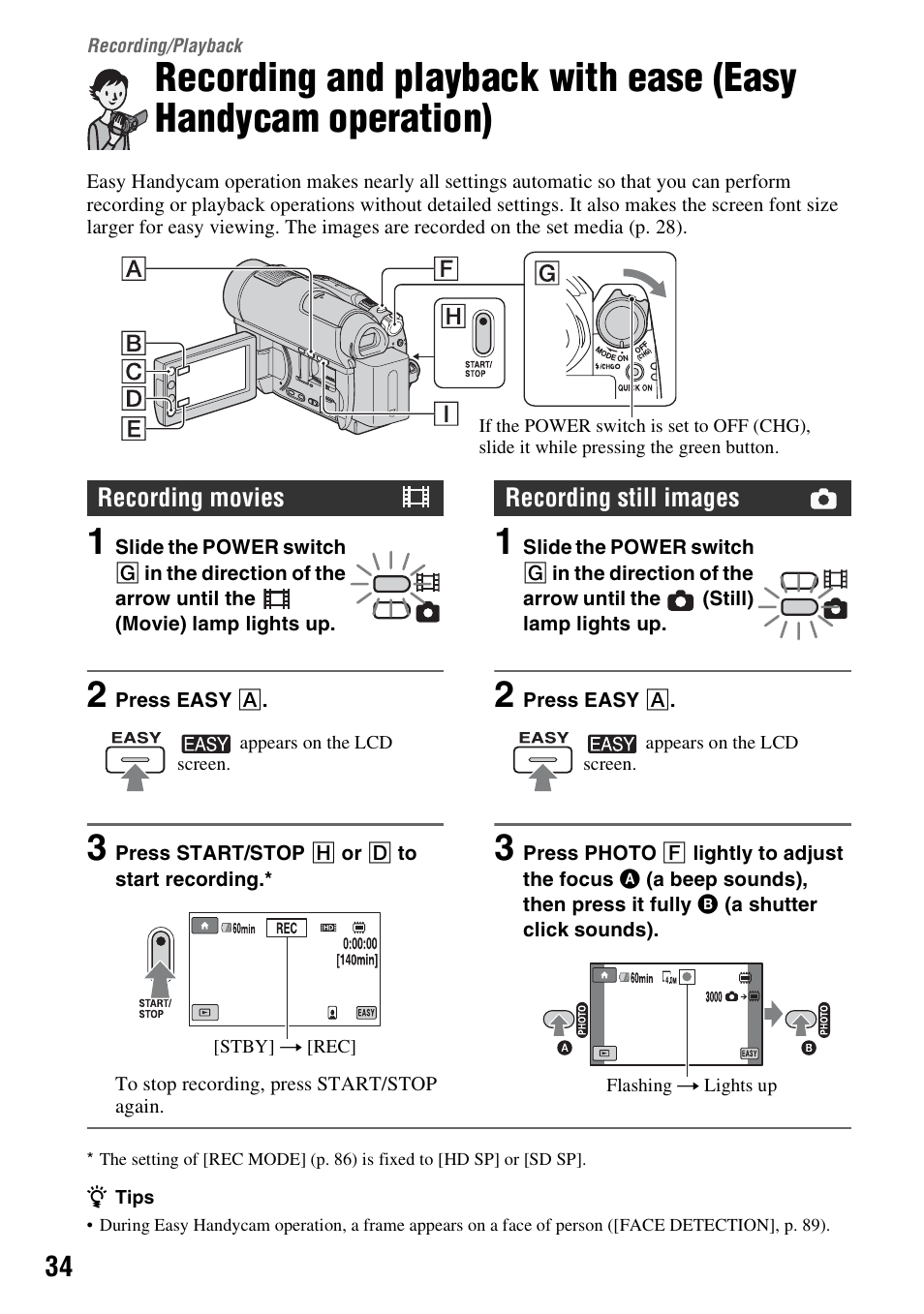 Recording/playback, Recording/playback 34, P. 34) | P. 34 | Sony HDR-UX10 User Manual | Page 34 / 172